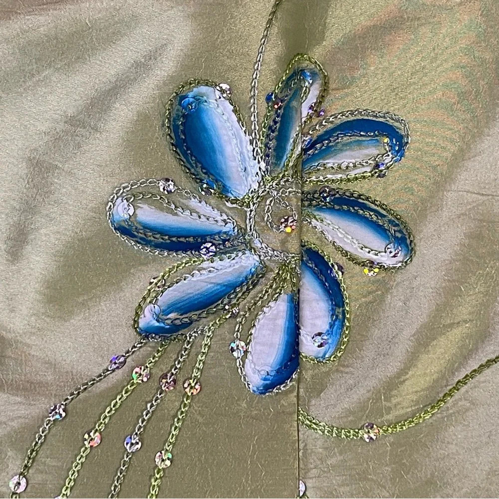 Art to wear Embroidered Floral Satin Jacket Beaded Mandarin Collar Pastel Green‎